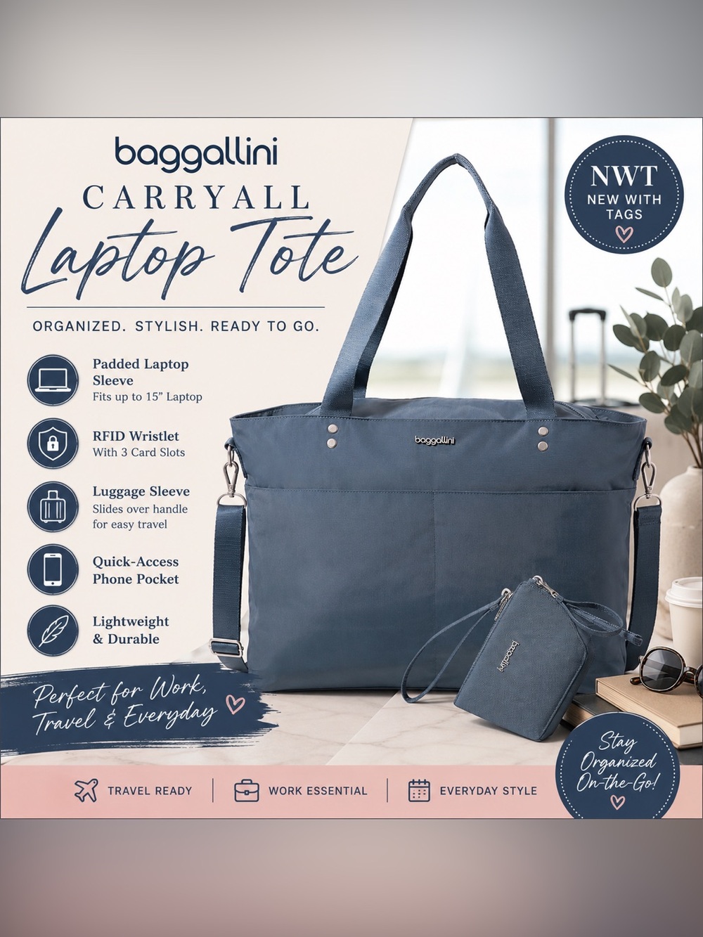 NWT Baggallini Carryall Laptop Tote Blue Travel Work Bag RFID 15” Laptop Sleeve